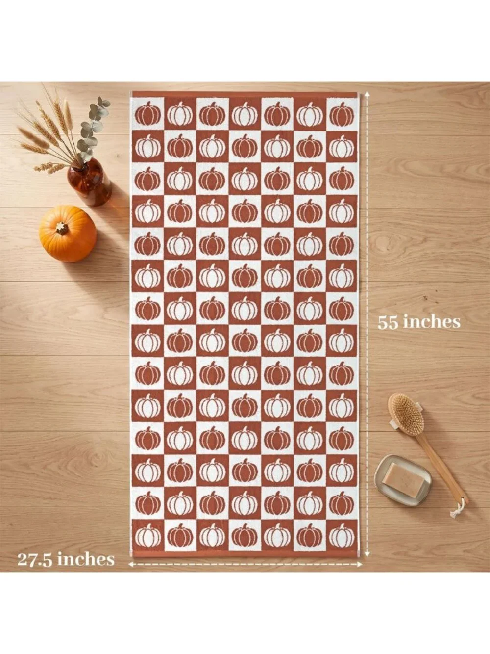 Cozy Fall Bath Towels Set of 2, Checkered & Pumpkin Design, Soft Cotton 27.5